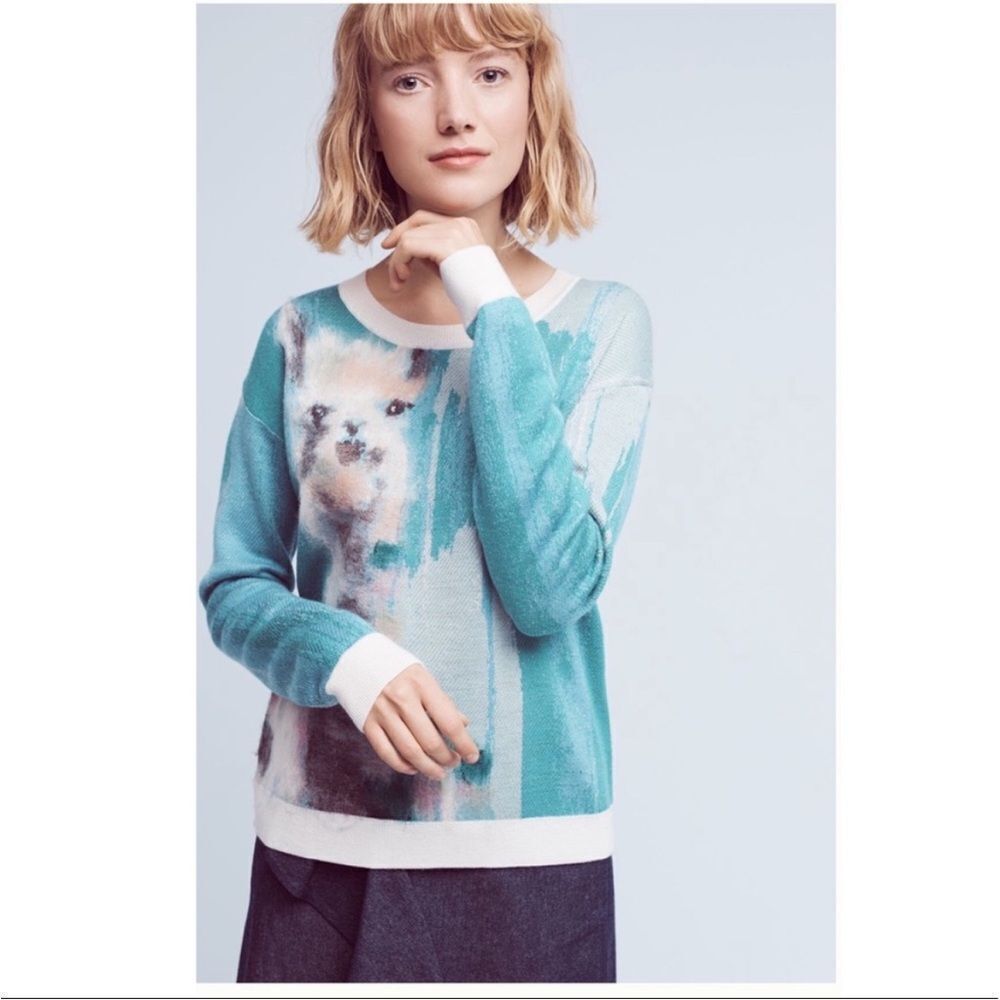Anthropologie x Lauren Walcott Llama Design Pullover Sweater Boho Art To Wear